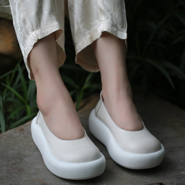 Women's Layer Cowhide Round Mouth Pumps Soft Back Thick Feet Platform Sandals
