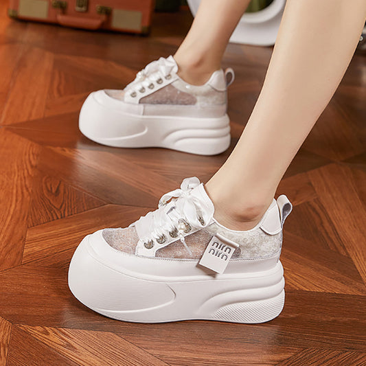 Women's White Summer Hollow Mesh Muffin Thick-soled Height Sneakers