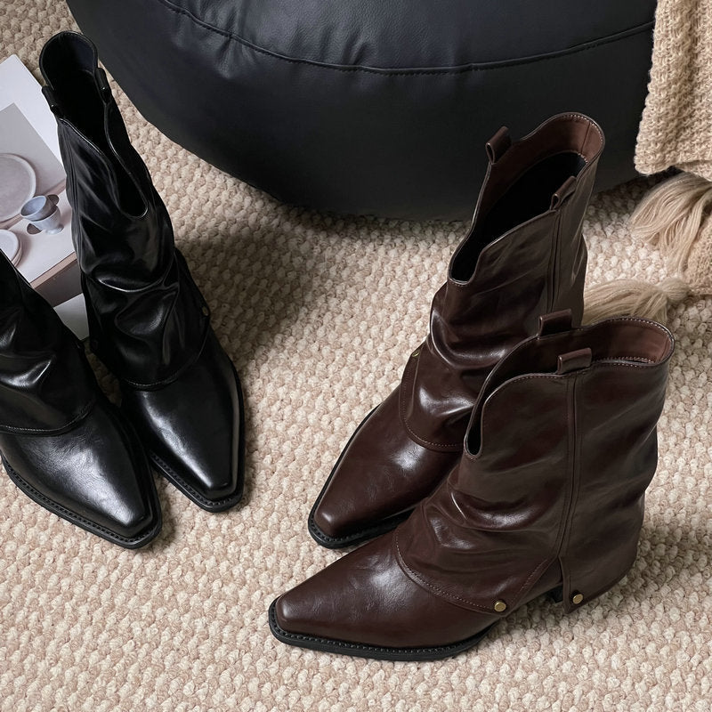 Women's Short Thick Pointed Toe Design Black Women's Leather Boots