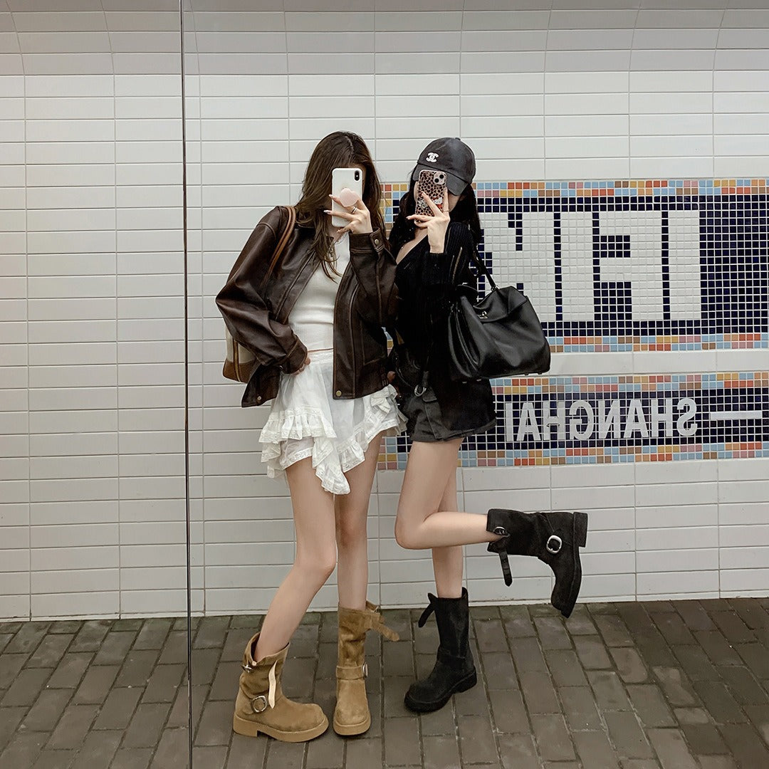 Glutinous Thick Bottom Motorcycle Buckle Ankle Boots