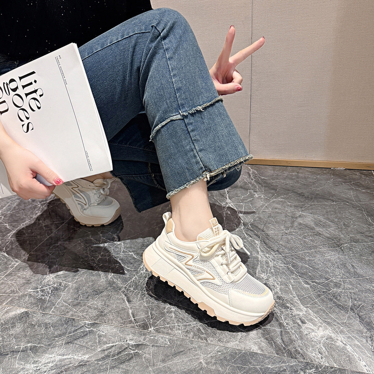 Women's Mesh Breathable White Platform Dad Comfort Casual Shoes