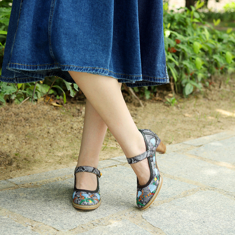 Vintage Embroidered Mary Jane Chunky Comfortable Women's Shoes