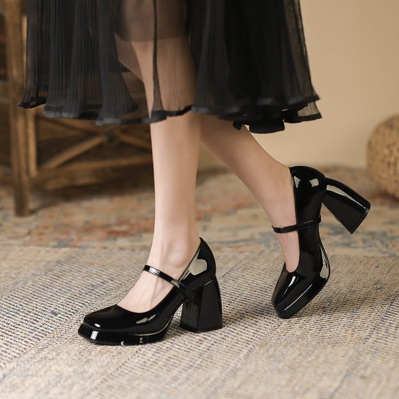 Autumn Square Toe Chunky High Retro Women's Shoes