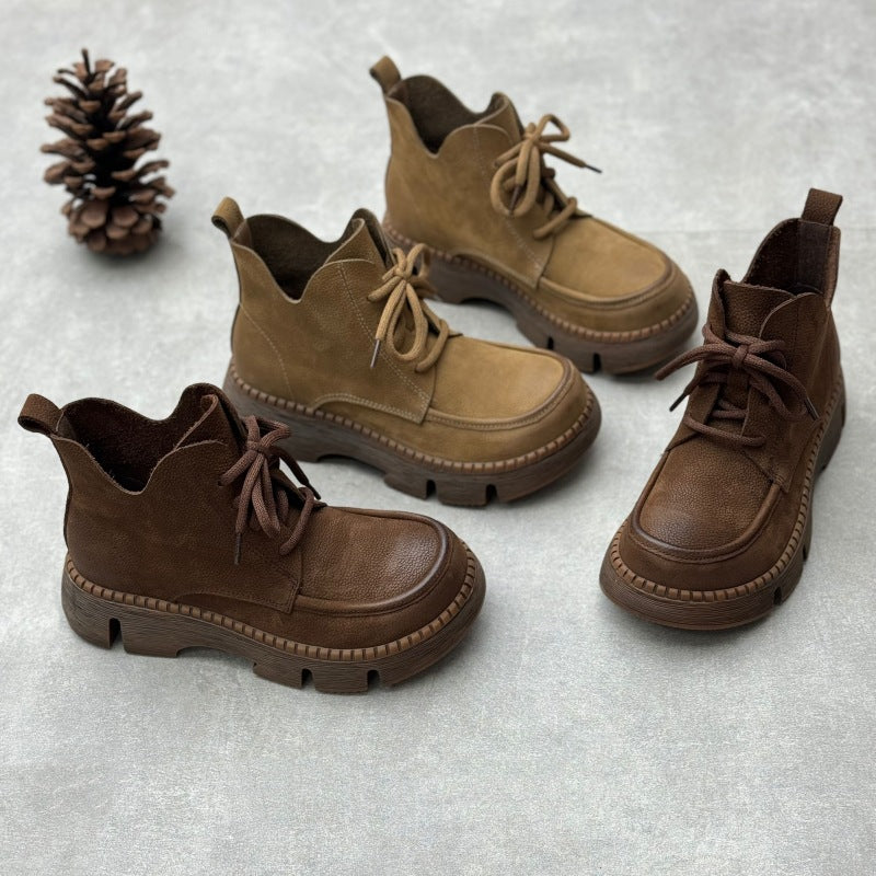 Handmade Genuine Ankle Retro Artistic Platform Round Toe Lace Up Boots