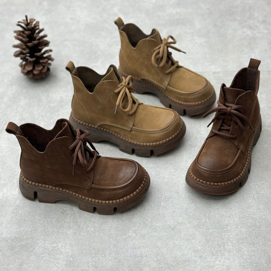 Handmade Genuine Ankle Retro Artistic Platform Round Toe Lace Up Boots