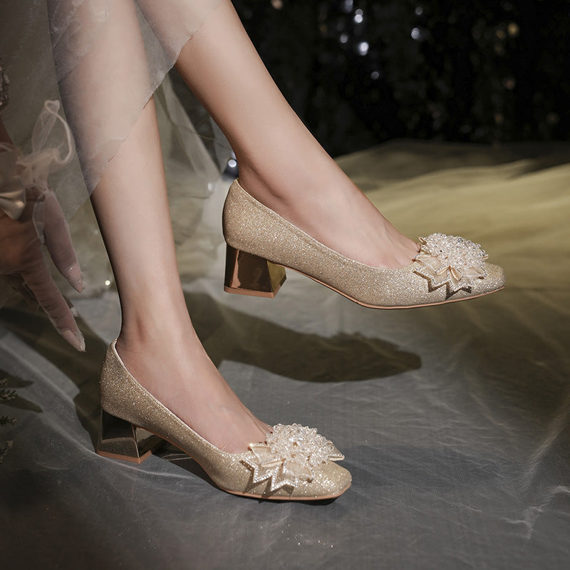 Women's Toe Rhinestone Bow Thin Glittering Main Wedding Dress Chunky Banquet Heels