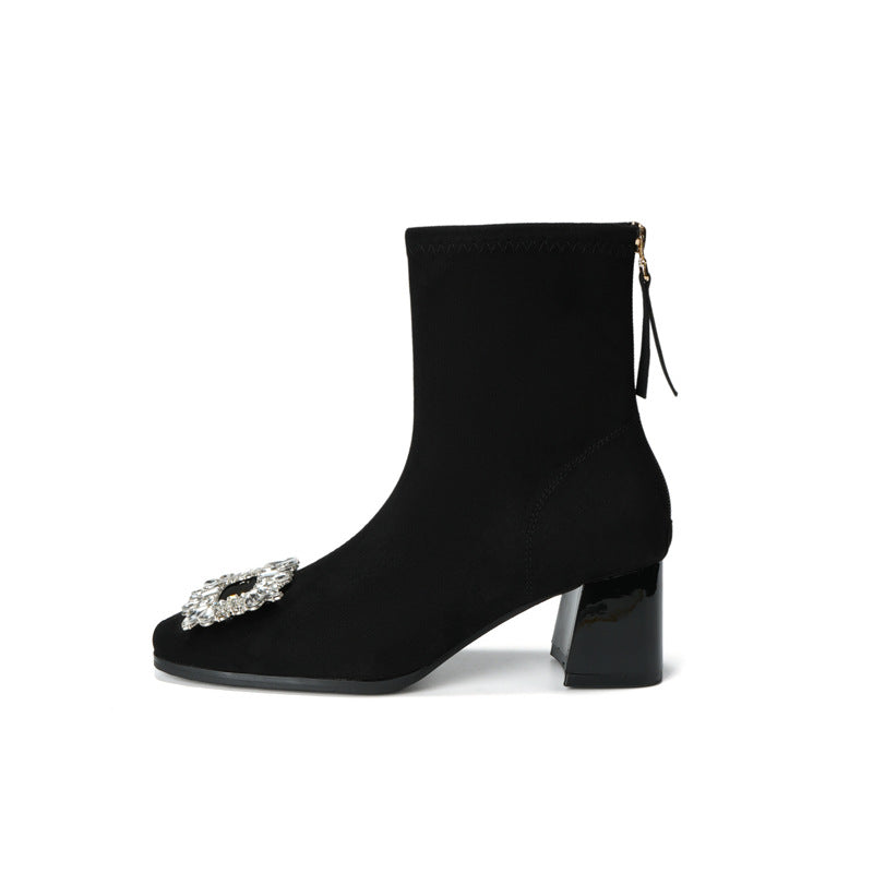 Women's Chunky Short Matte Suede Fashion Square Toe Rhinestone Women's Leather Boots