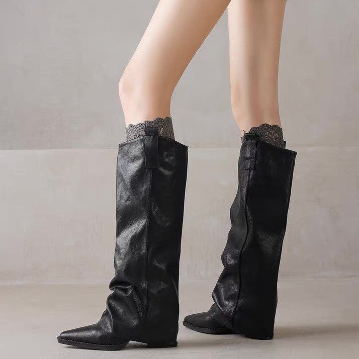 Women's Style High Pantyhose Long Black Thick Women's Leather Boots