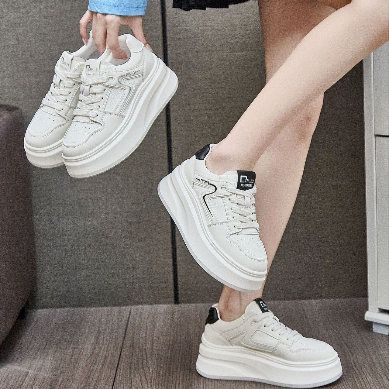 Women's White Breathable Hollow Mesh Small Height Increased Women's Casual Shoes