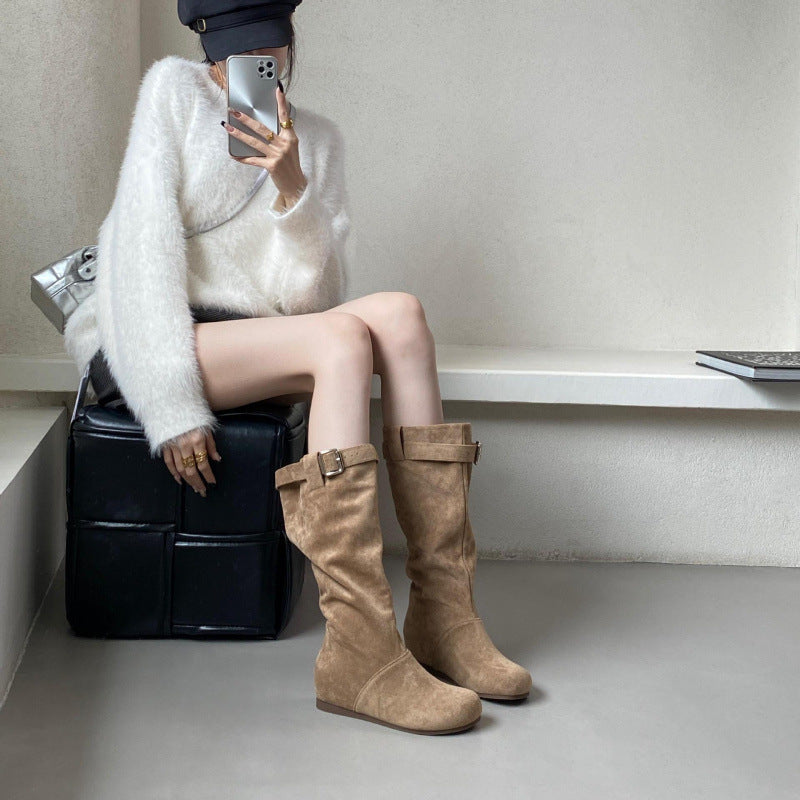 Women's Height Increasing Insole Small Suede Pile Style Riding Women's Leather Boots