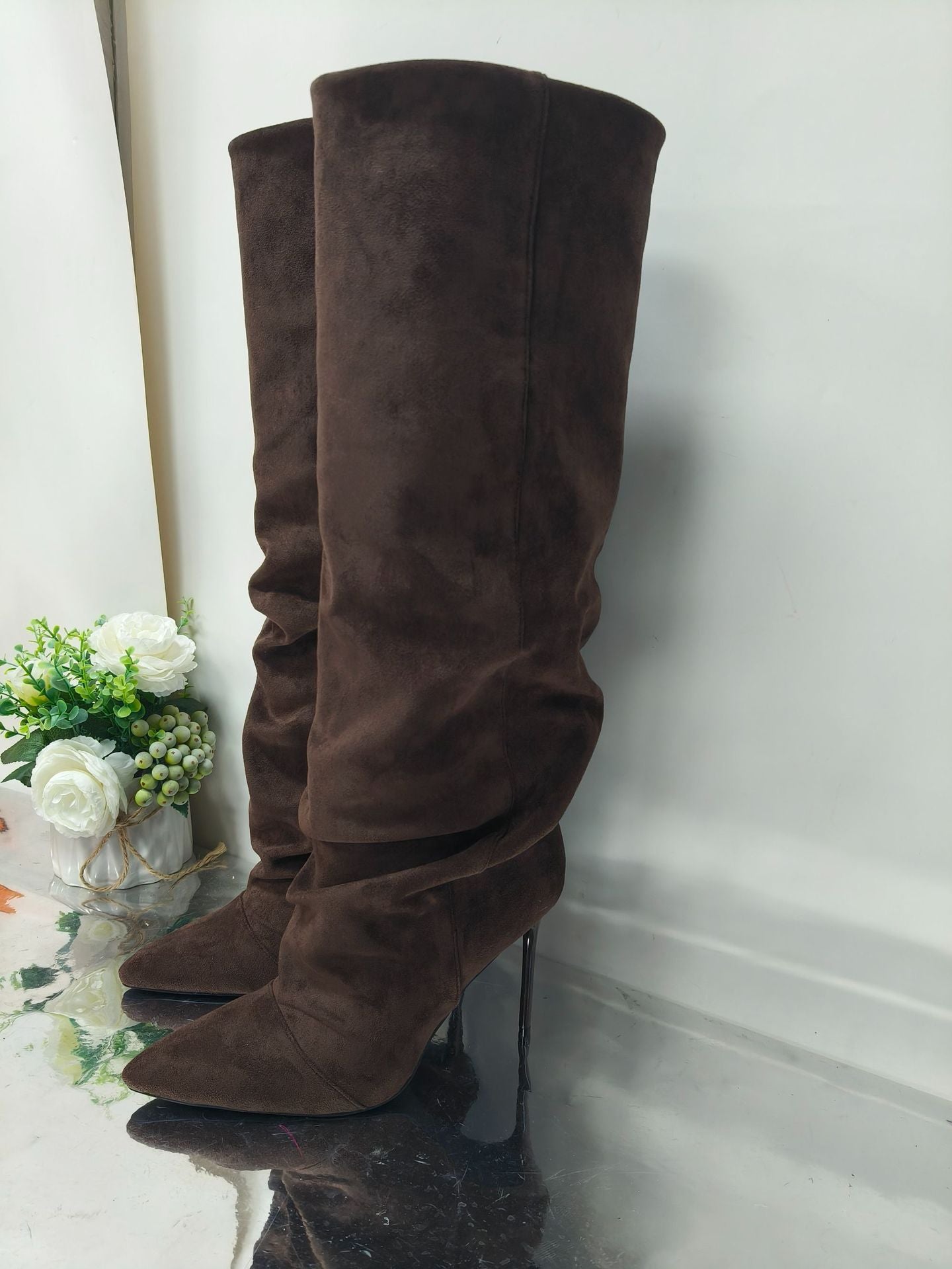 Women's High Side Zipper Pleated Leopard Print Women's Leather Boots