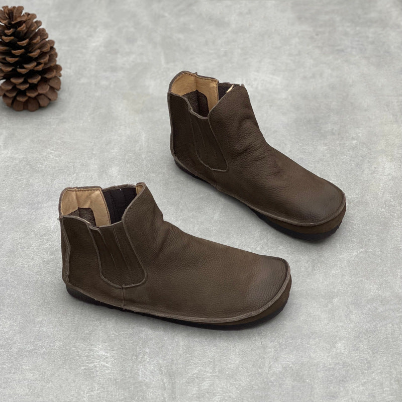 Women's Genuine Cowhide Round Toe Stitching Elastic Strap Flat Retro Short Women's Leather Boots