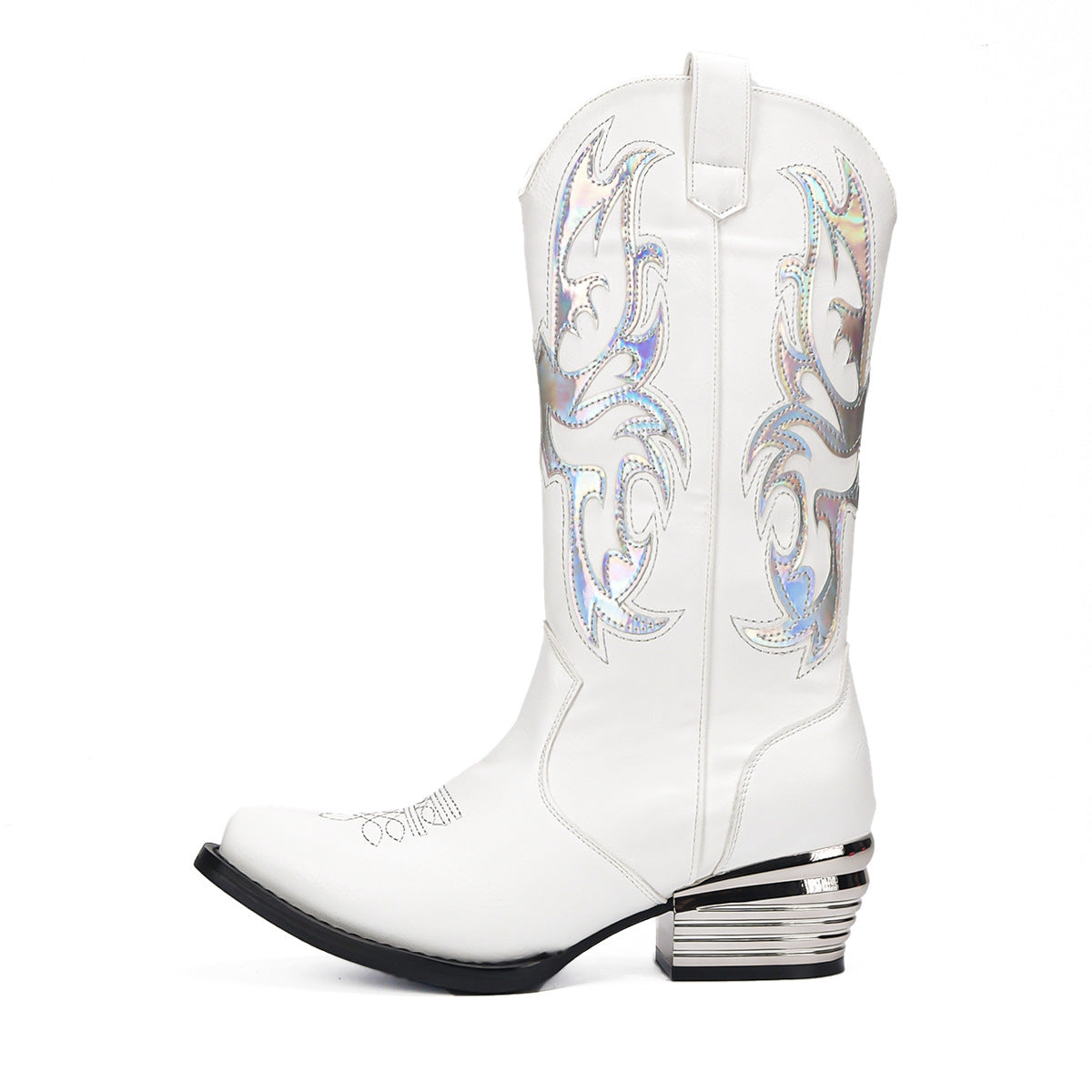 American Size Retro Embroidered Sequins Western Cowboy Chunky Square Toe Women's Leather Boots