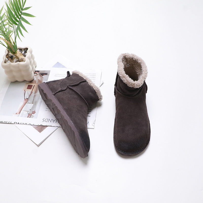 Color First Layer Cowhide Round Toe Slip-on Cotton Low Tube Boots