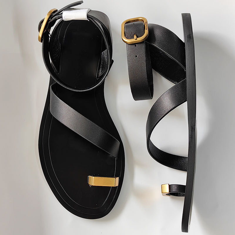Women's Summer Top Layer Cowhide Toe Covering Metal Decorative Flip-flops Sandals