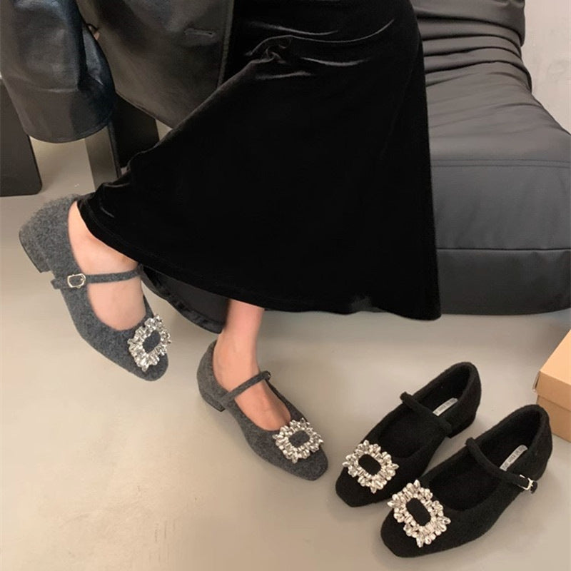 Women's Chunky Rhinestone Pumps Square Toe Fleece-lined Women's Shoes