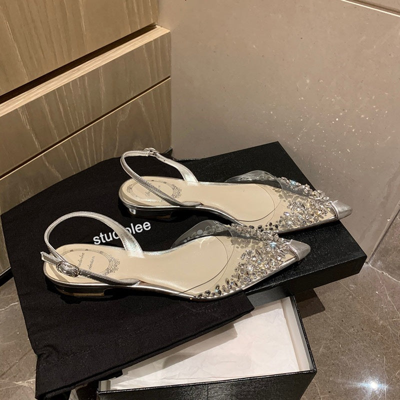 Women's Rhinestone Closed Toe Back Empty Chunky Pointed Sandals