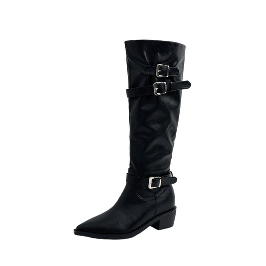 Women's French Cowboy Below The Knee High-rise Belt Chunky Western Pile Boots