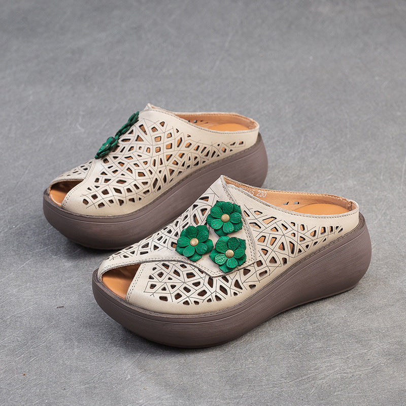 National Style Wedge Peep Toe Hollow Breathable Fashionable Slippers