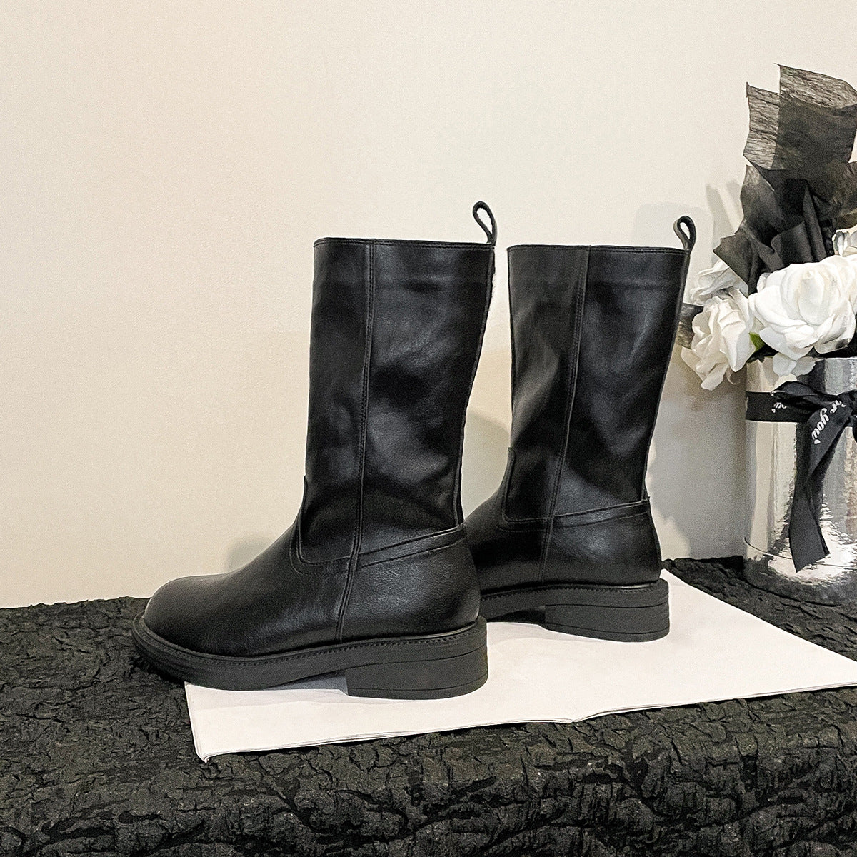 Women's Chunky Platform For Retro Style Pleated Pile Round Toe Wide Women's Leather Boots