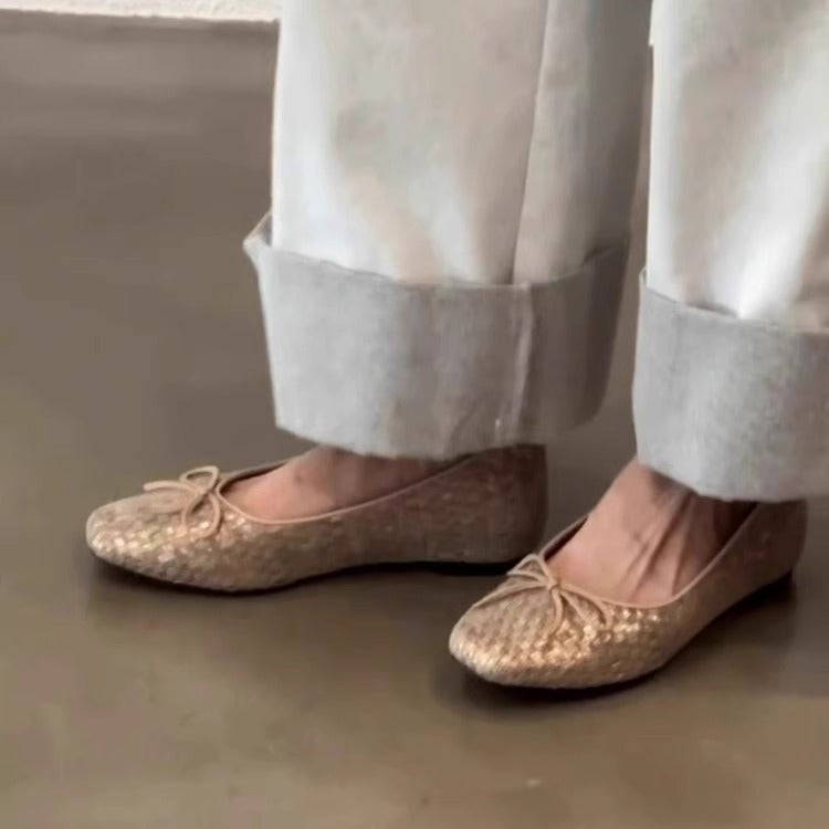 Woven Bow Flat Ballet Summer Temperament Soft Slippers