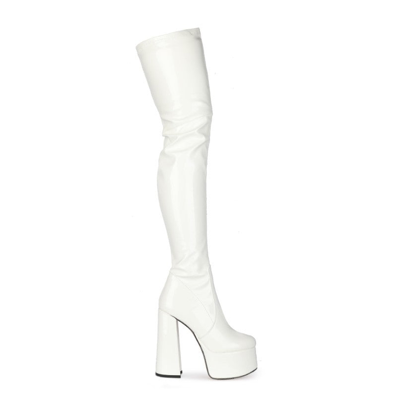 Women's Chunky Waterproof Platform Patent Round Toe High White Heels