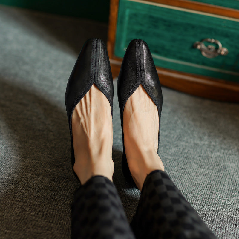 Cowhide Square Toe Low Low-cut Grandma Heels
