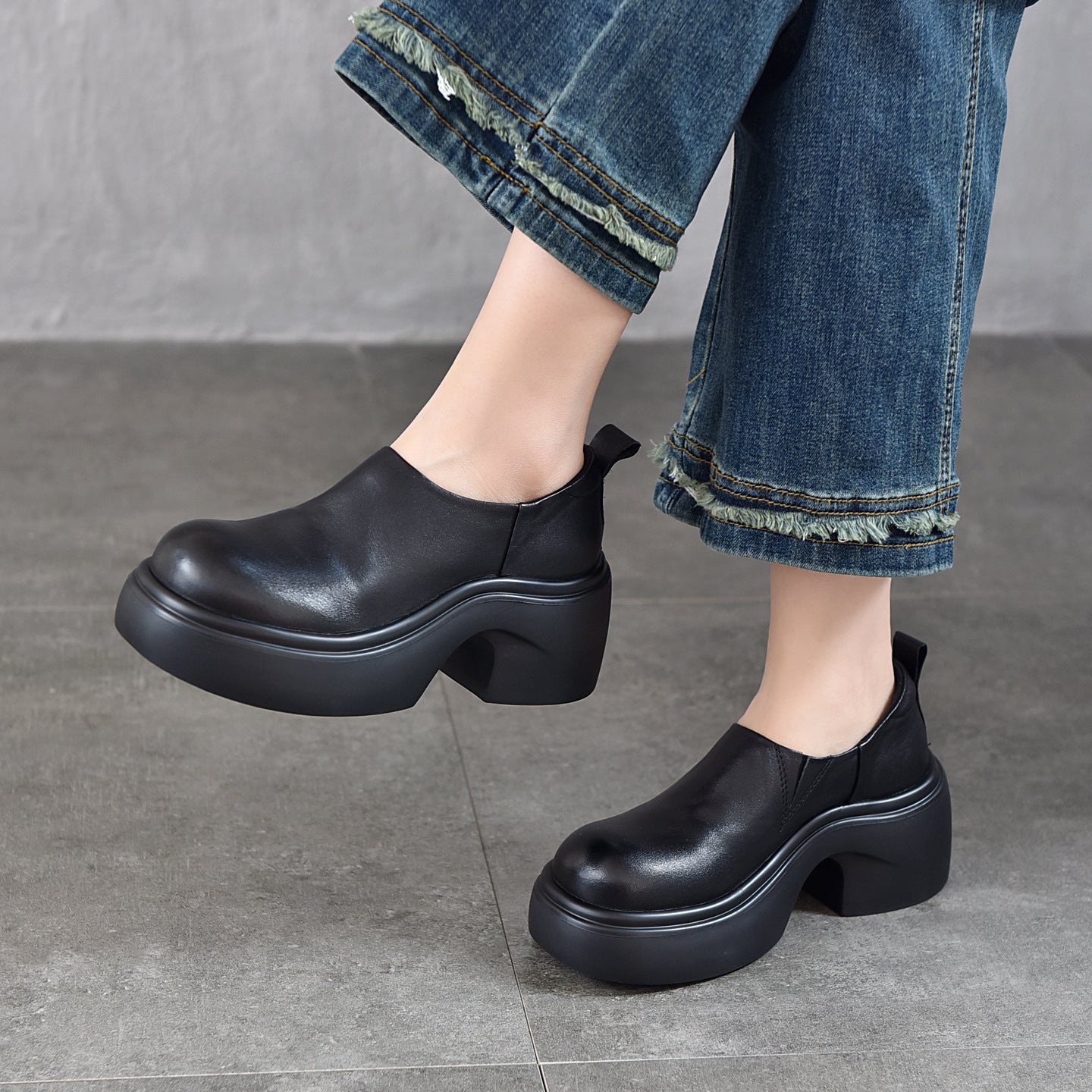 Women's Platform Genuine Pumps Deep Mouth Spring First Layer Cowhide Round Women's Fashion Shoes