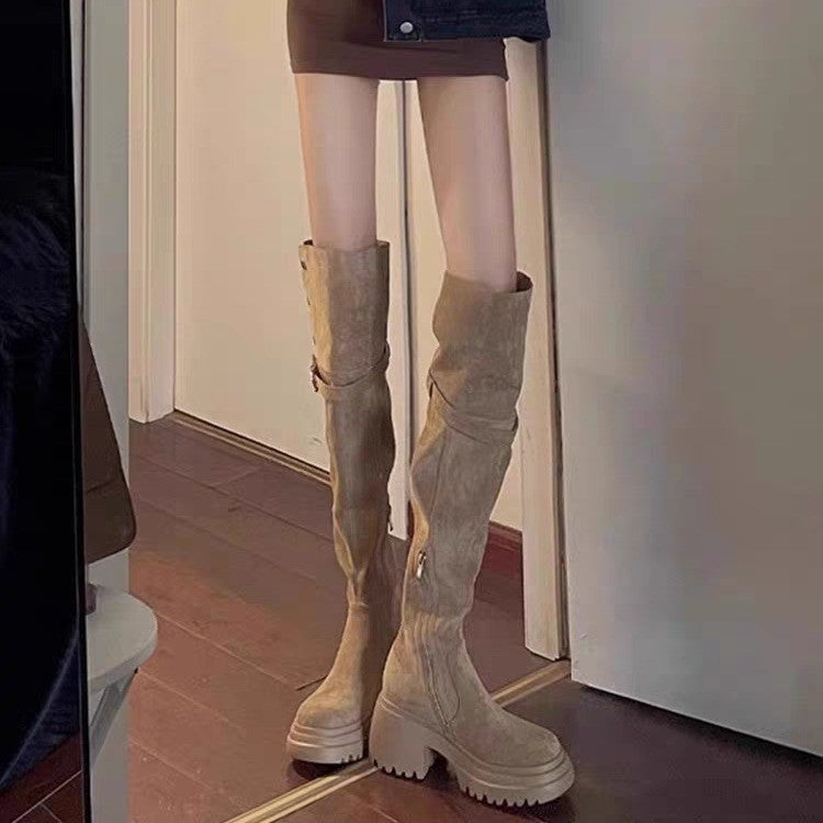 Women's Knee-high Fleece-lined Over The Knee Brown Thick Women's Leather Boots