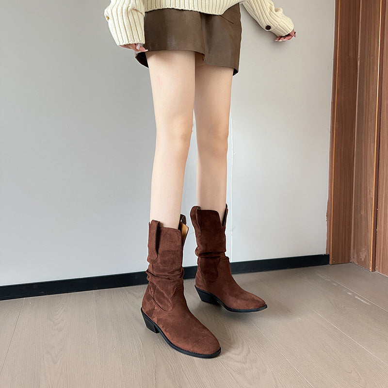 Women's Retro Fashion Cowboy Pointed Toe Chunky Pleated Pile Style Short Women's Leather Boots