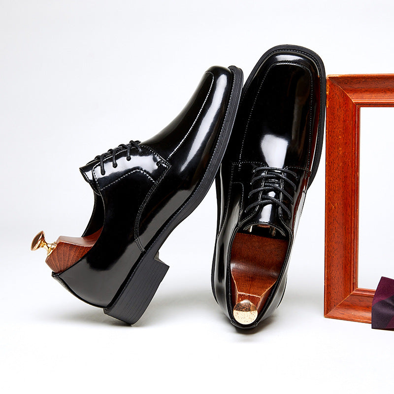 Men's Square Toe Glossy High-grade Paint Formal Wear British Derby Leather Shoes