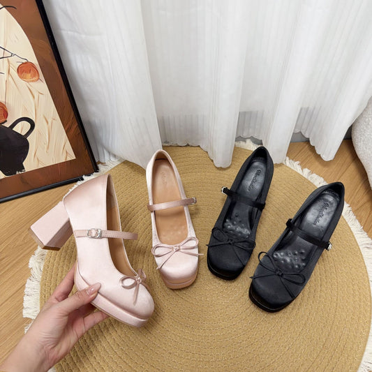 Women's Increasing Insole Mary Jane Waterproof Platform Bow Commuter High Pumps Heels