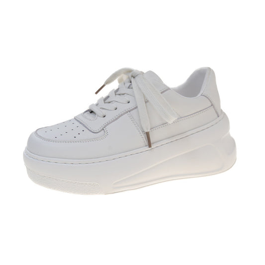 Women's Platform White Genuine Elevator Round Toe First Layer Cowhide Women's Board Shoes