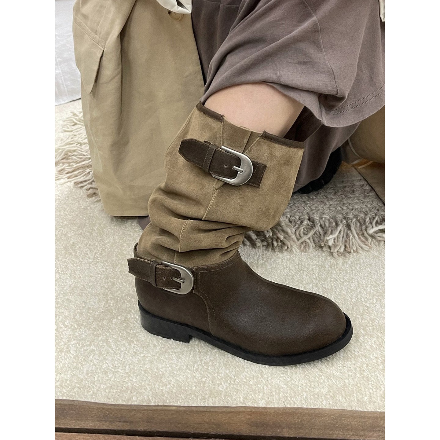 Women's Second Hair Height Increasing Insole Round Toe Pleated Pile Boots