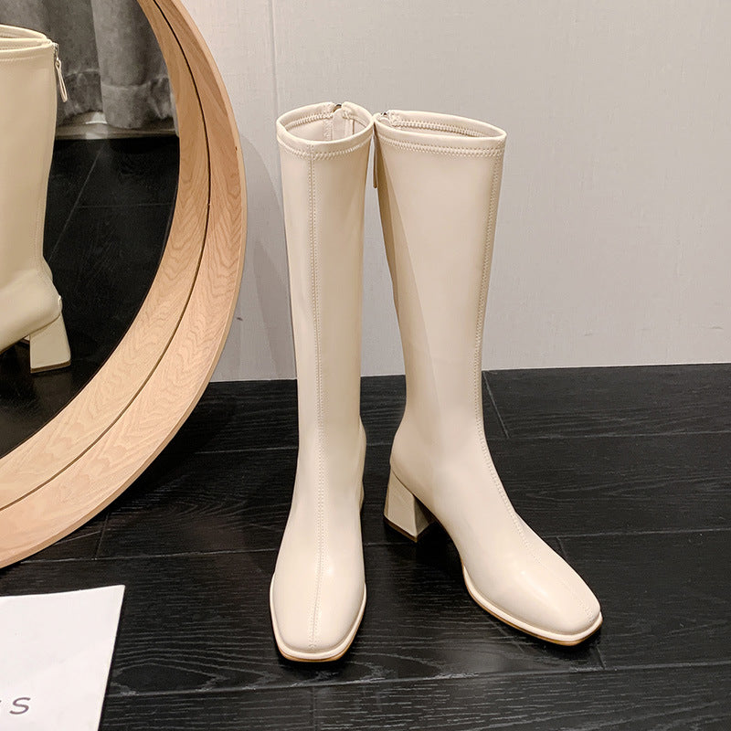 Women's Small Size Chunky Long High Cylinder Women's Leather Boots