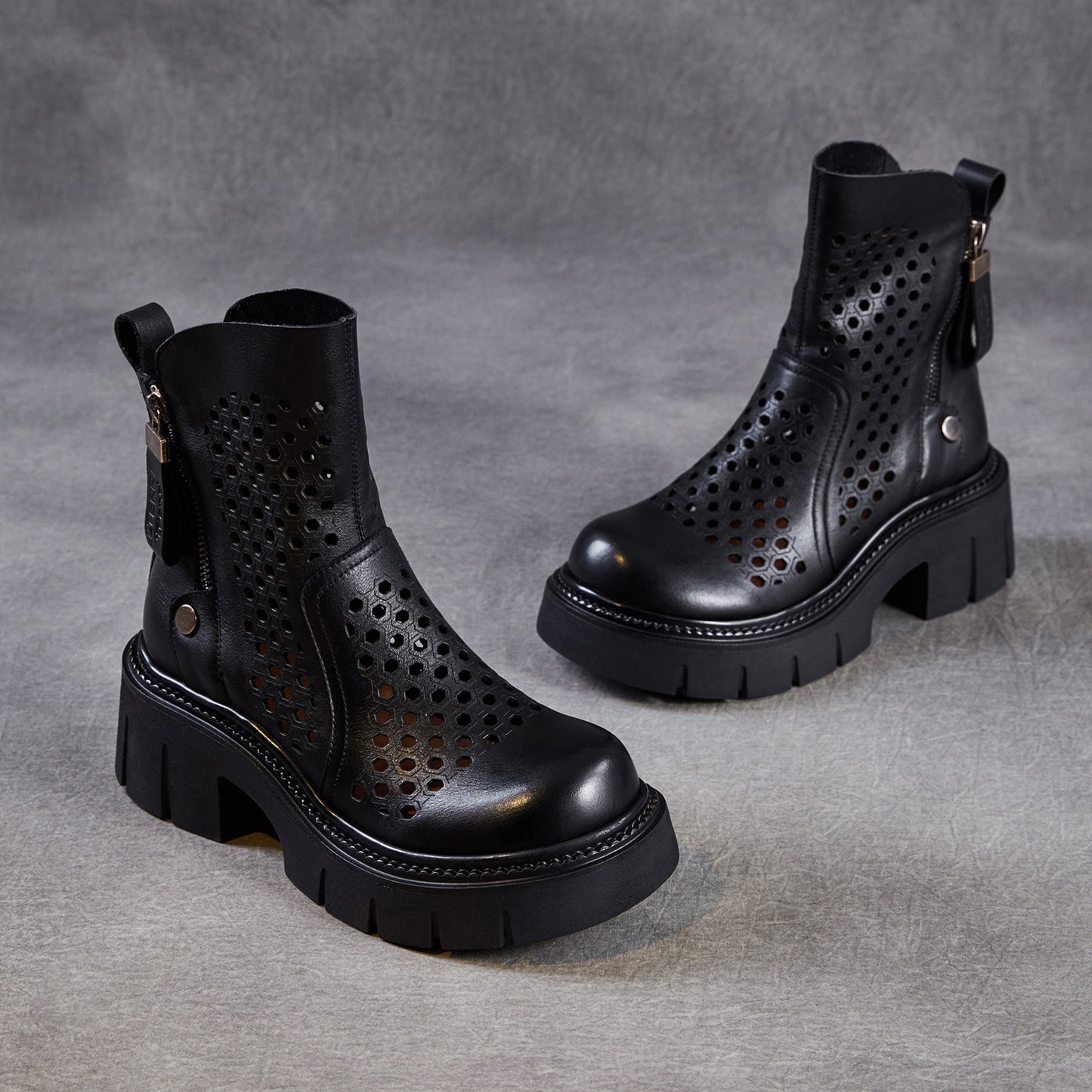 Women's Retro Side Zipper Hollow Hole Fashion First Layer Cowhide Women's Leather Boots