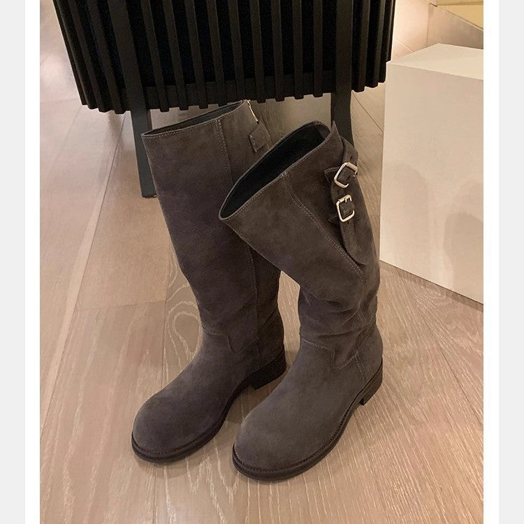 Women's Three-dimensional Round Head Zipper Belt Buckle Chunky Knight Genuine Middle Women's Leather Boots