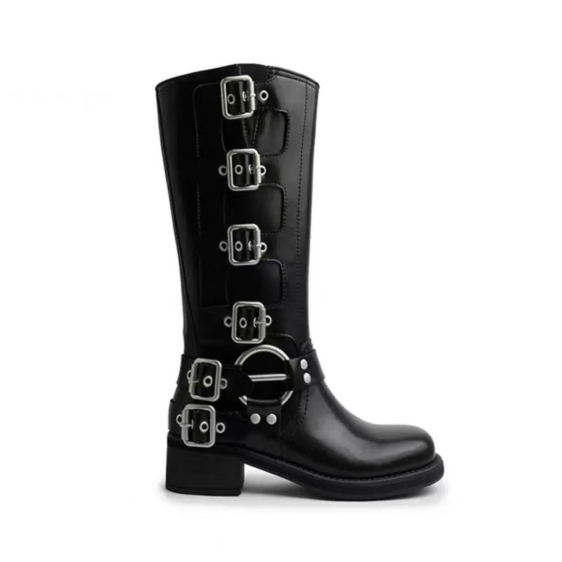 Belt Buckle Chunky Long Female Square Toe Sleeve Women's Leather Boots