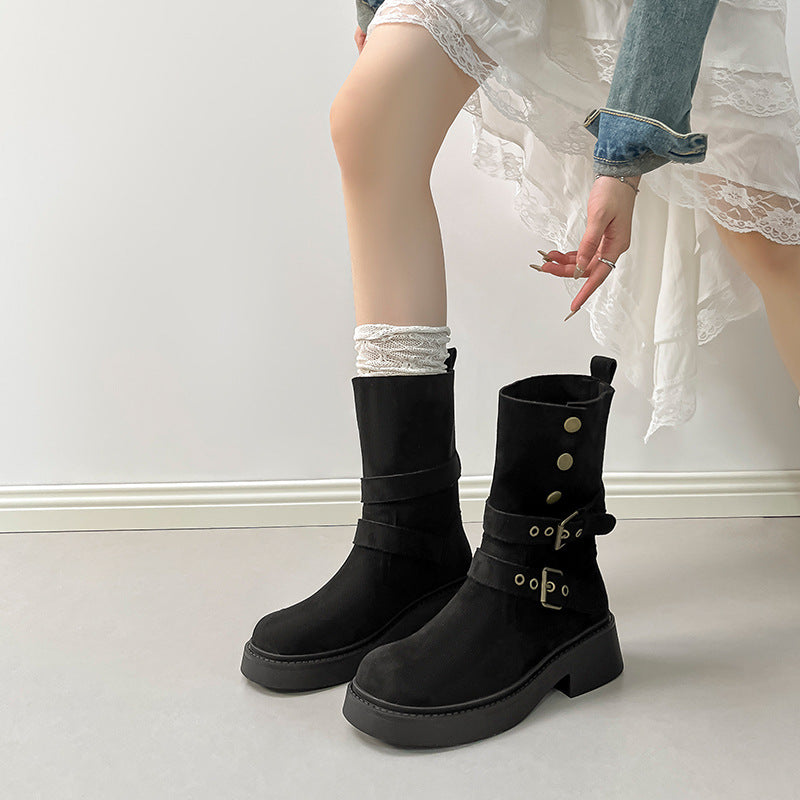 Women's Thick-soled British Style Martin Slim Pile Women's Leather Boots