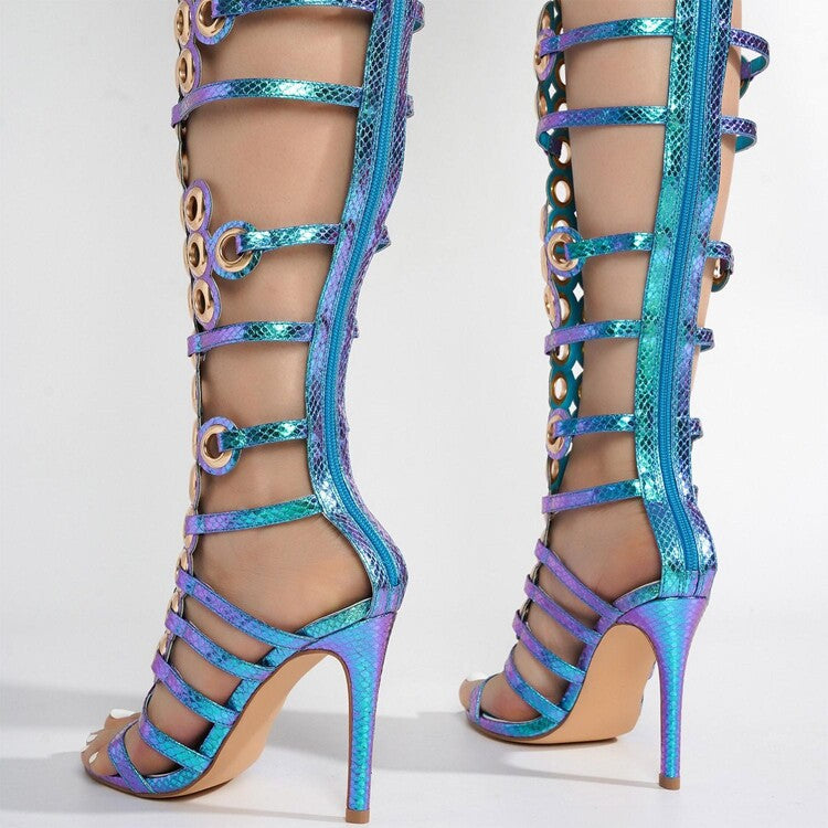 Fashion Metal Large Hollow Stiletto Open High Heeled Sandals