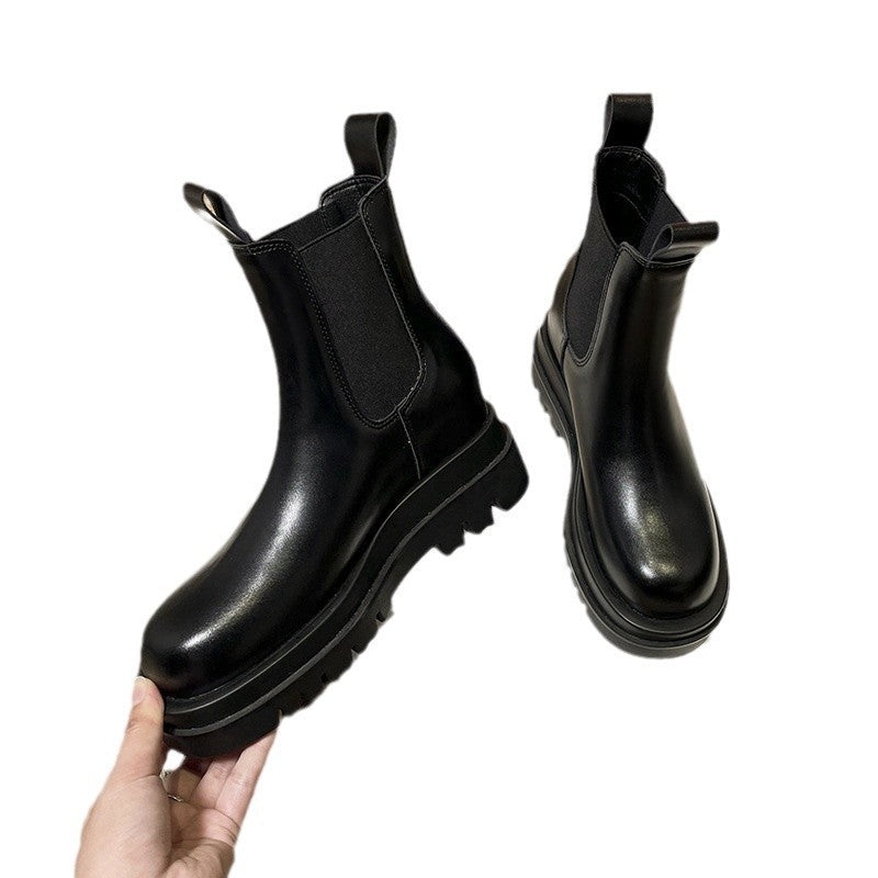 Women's Cowhide Version Fleece-lined Platform Chelsea Booties Hight Increasing Martin Women's Leather Boots