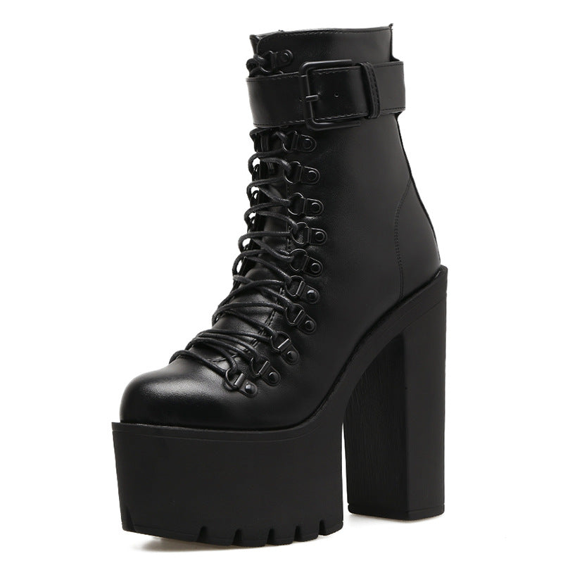 Women's High Platform Black Ankle Chunky Winter Women's Leather Boots