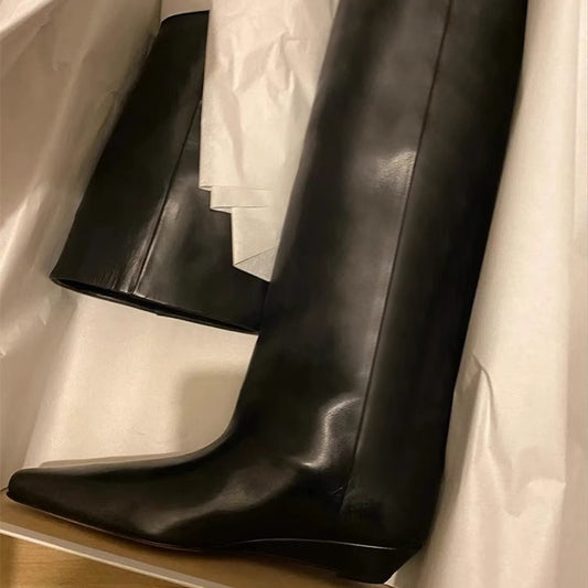 Women's Fat Genuine Retro Tall Knight Chunky Slimming Below Boots