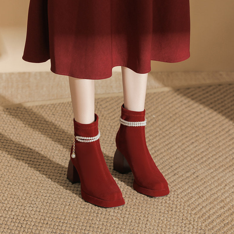 Women's Pearl Suede Burgundy Square Toe Skinny Wedding French Boots