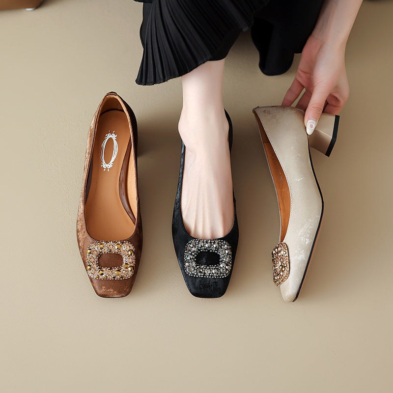 Women's Retro Square Toe Low-cut Genuine Chunky Rhinestone Buckle Slip-on Commuting Heels