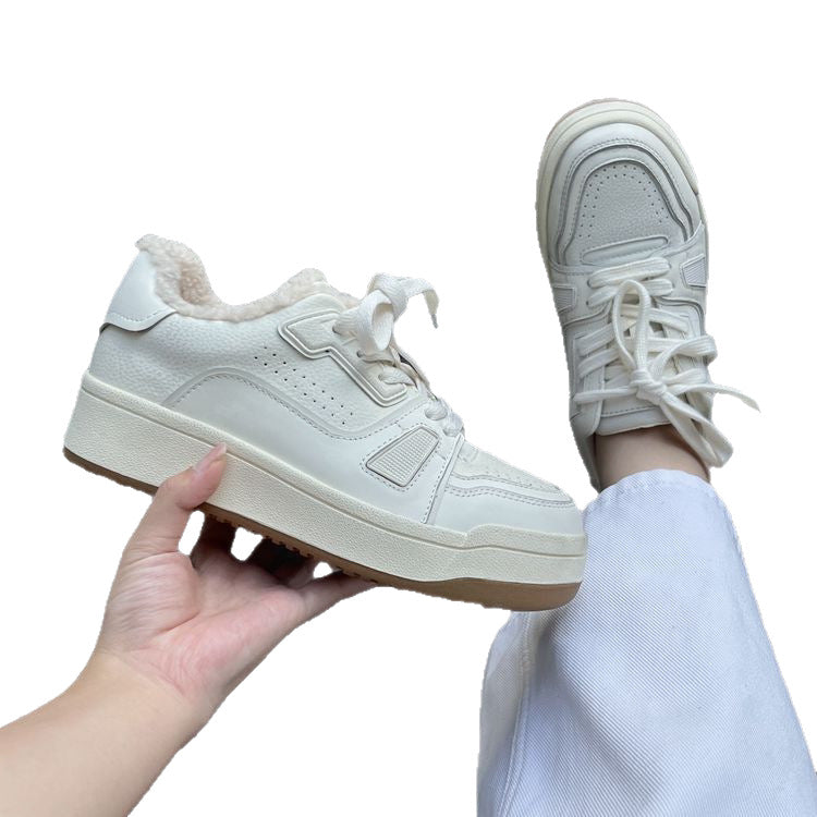 Women's Platform White Winter Fleece-lined Genuine Board Sneakers