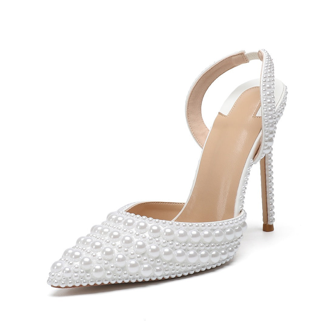 Women's Summer Sweet Style Slip-on Pointed High Stiletto Pearl Women's Fashion Shoes