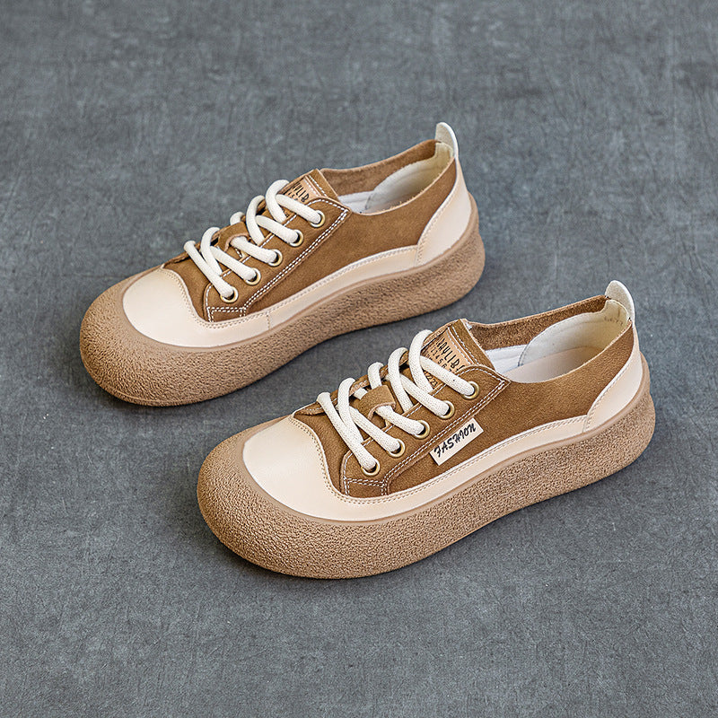 Women's Layer Cowhide Big Head Autumn Retro Color Matching Flat-heeled Casual Shoes
