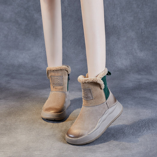 Women's Color Matching Wool Mouth Thickened Top Layer Snow Boots
