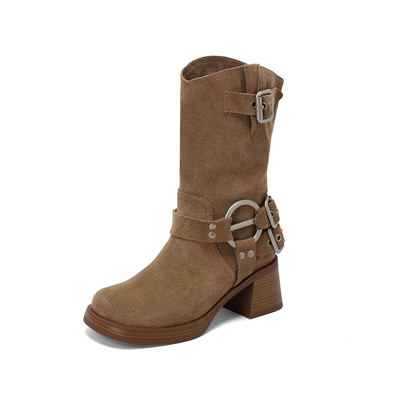 Women's Summer Thin Western Cowboy Platform Short Brown Middle Women's Leather Boots